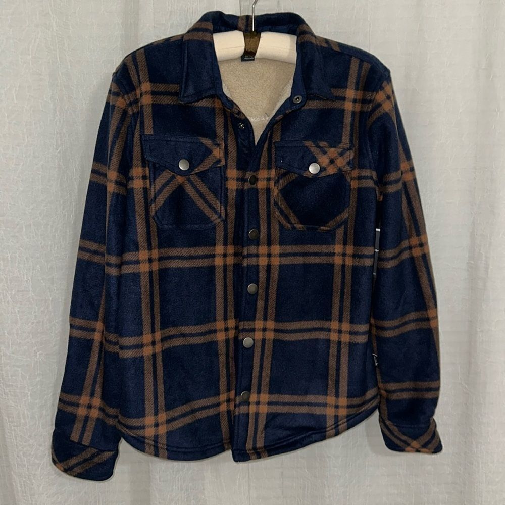Eddie Bauer Boys XL Faux Shearling Lined Fleece Plaid Navy Brown Ivory Shacket